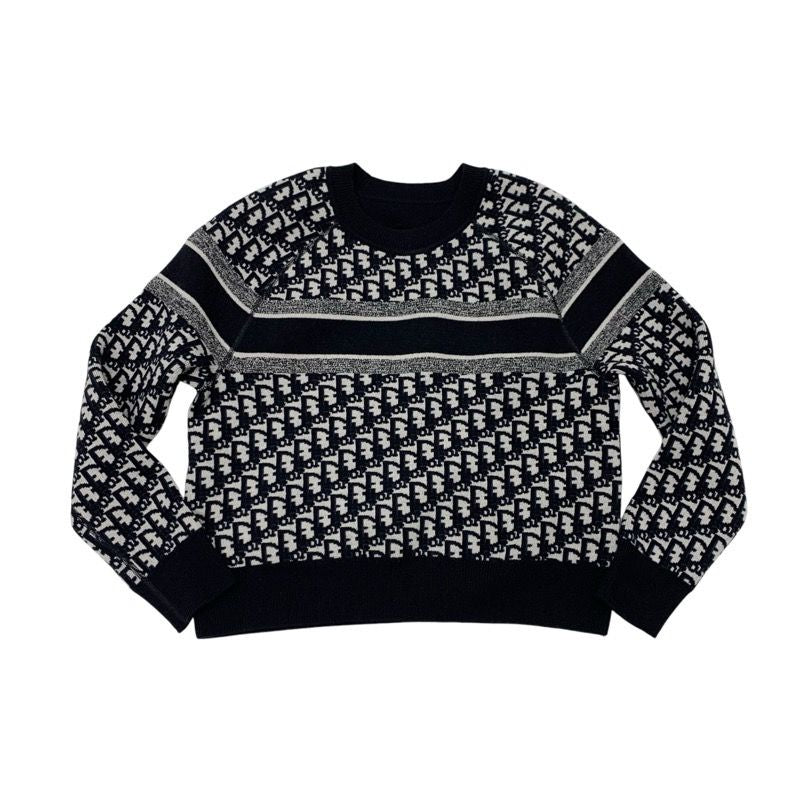 Christian DIOR Tops Cashmere Navy White Reversible Round Neck Sweater Oblique