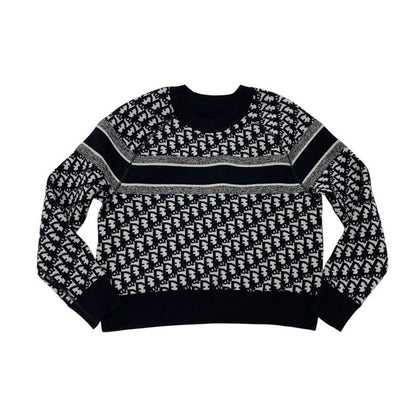 Christian DIOR Tops Cashmere Navy White Reversible Round Neck Sweater Oblique