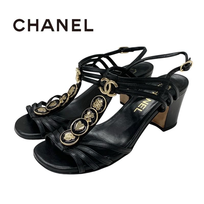 Chanel Sandals Shoes Leather Black Gold Coco Mark Icon Strap