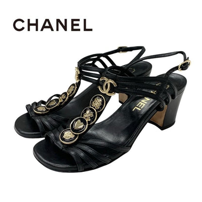 Chanel Sandals Shoes Leather Black Gold Coco Mark Icon Strap