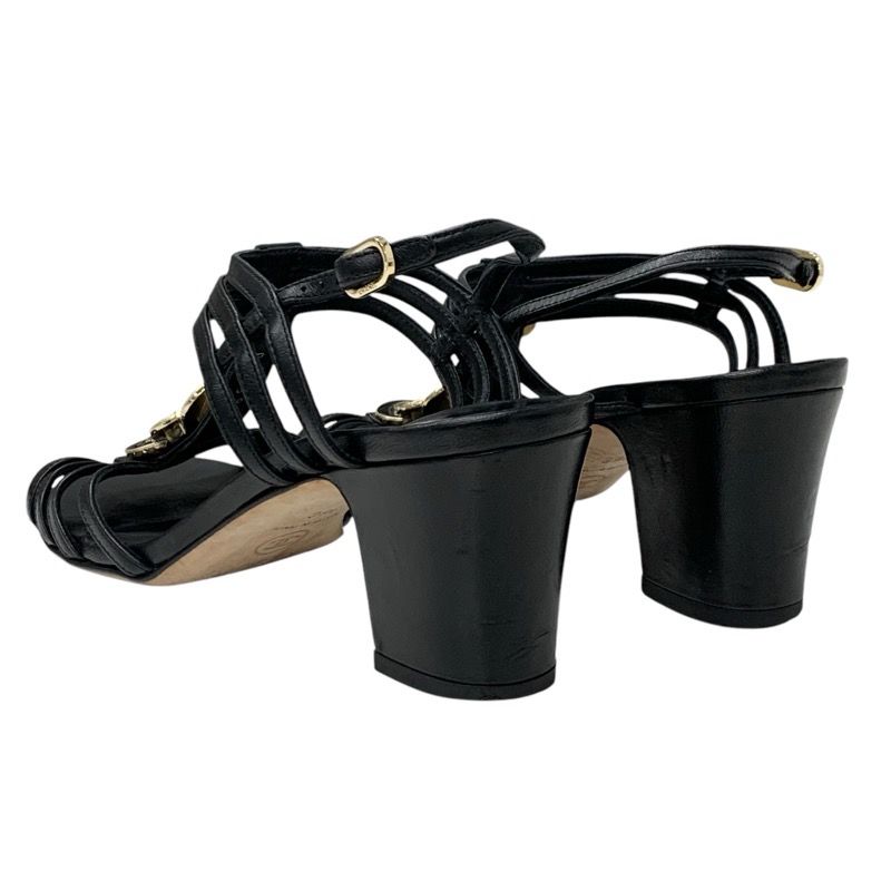 Chanel Sandals Shoes Leather Black Gold Coco Mark Icon Strap