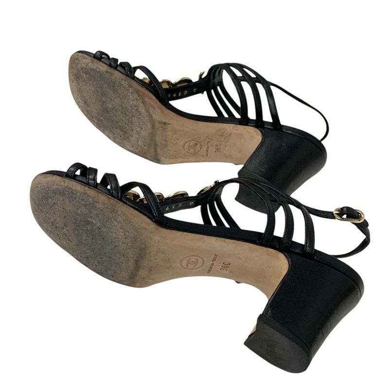Chanel Sandals Shoes Leather Black Gold Coco Mark Icon Strap