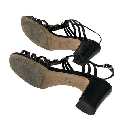 Chanel Sandals Shoes Leather Black Gold Coco Mark Icon Strap