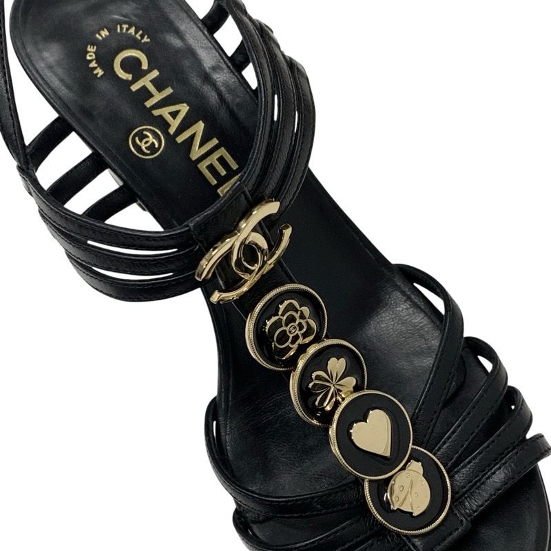 Chanel Sandals Shoes Leather Black Gold Coco Mark Icon Strap
