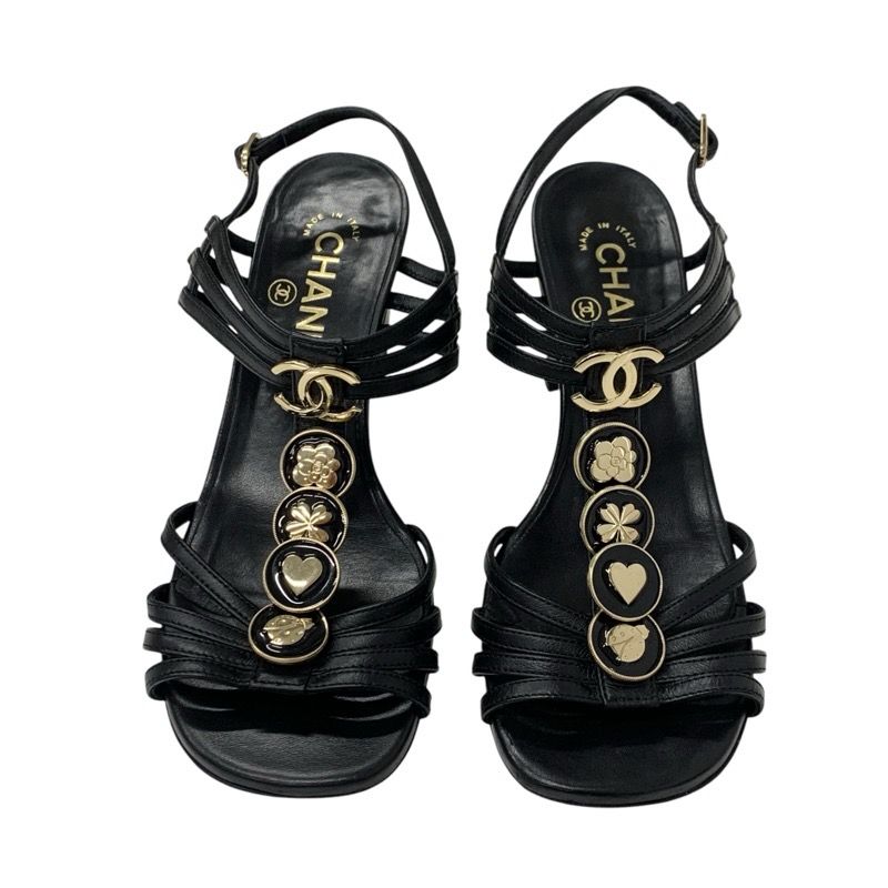 Chanel Sandals Shoes Leather Black Gold Coco Mark Icon Strap
