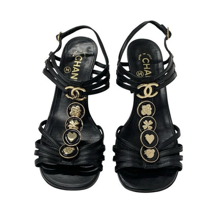 Chanel Sandals Shoes Leather Black Gold Coco Mark Icon Strap