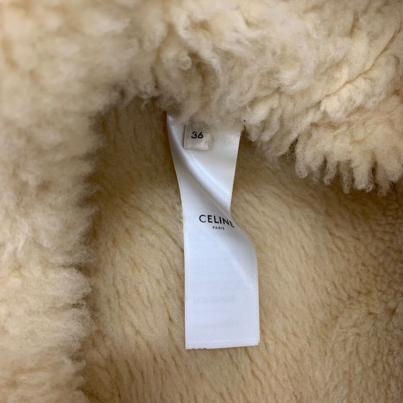 Celine Outer Wool Leather Beige Zip Up Shearling Jacket Coat