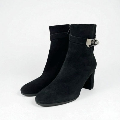 Hermes Saint Germain Boots Short Shoes Suede Black Silver Kelly Hardware