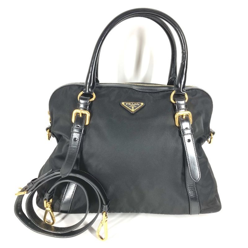 Prada Shoulder Bag Triangle Logo Triangle Logo Plate 1bb01 Leather Nylon Black