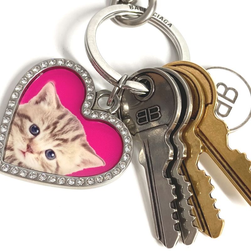Balenciaga Key Holder Heart Cat Key Ring Charm Key Logo Cat Key Rhinestone