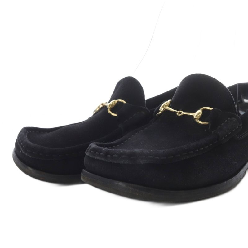 Gucci Loafers Slip On Horsebit Low Heel Square Toe Suede 36 Black YO21 - GY53