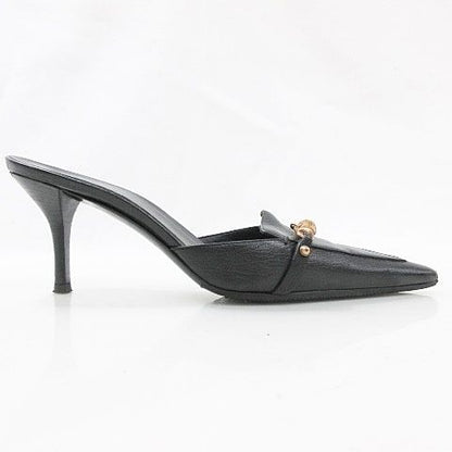 Gucci Sandals Mules Chain Bamboo High Heel Leather Black 37C AA