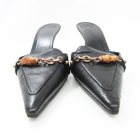 Gucci Sandals Mules Chain Bamboo High Heel Leather Black 37C AA