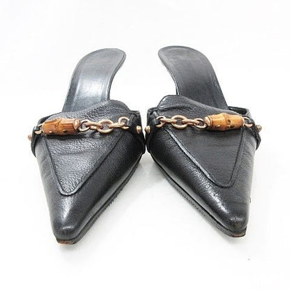 Gucci Sandals Mules Chain Bamboo High Heel Leather Black 37C AA