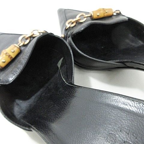 Gucci Sandals Mules Chain Bamboo High Heel Leather Black 37C AA