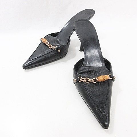 Gucci Sandals Mules Chain Bamboo High Heel Leather Black 37C AA