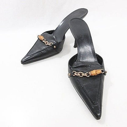 Gucci Sandals Mules Chain Bamboo High Heel Leather Black 37C AA