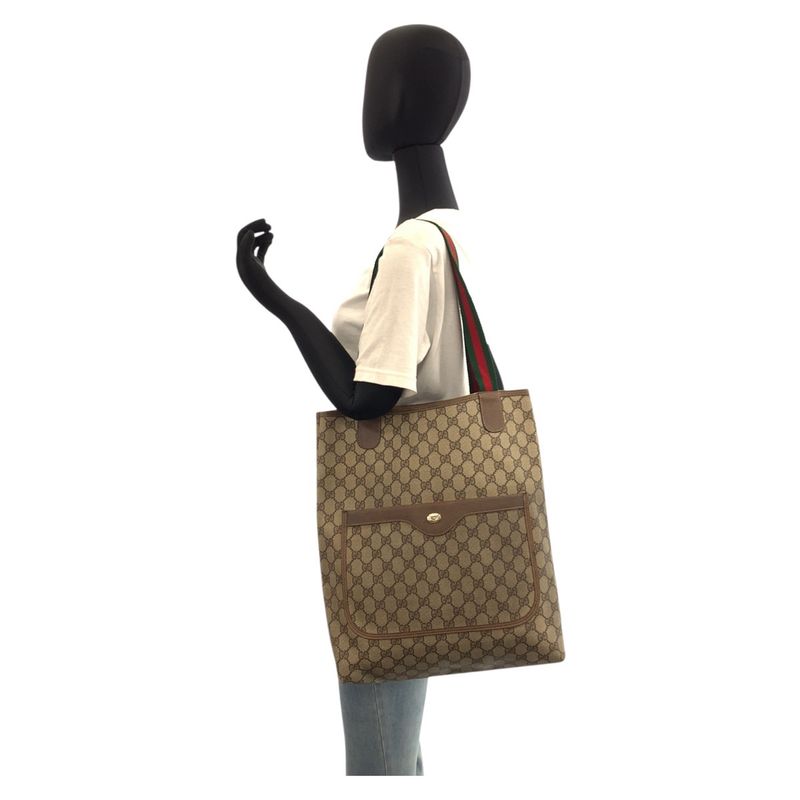 Gucci Vintage Sherry Line Old Gucci Beige GG Supreme Canvas Tote Shoulder Bag