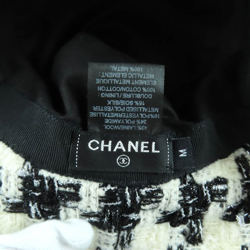 Chanel 20aw 20b Coco Mark Plated Staggered Pattern Lame Tweed Hat White Black M