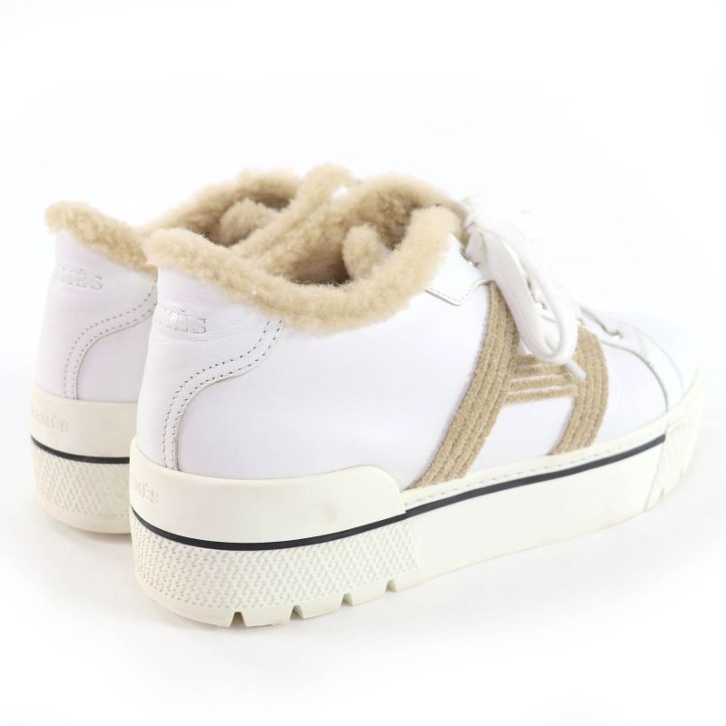 Hermes Dare H Logo Design Mouton Leather Low Cut Sneakers White Beige 38 with