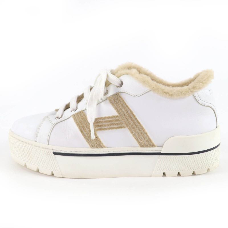 Hermes Dare H Logo Design Mouton Leather Low Cut Sneakers White Beige 38 with
