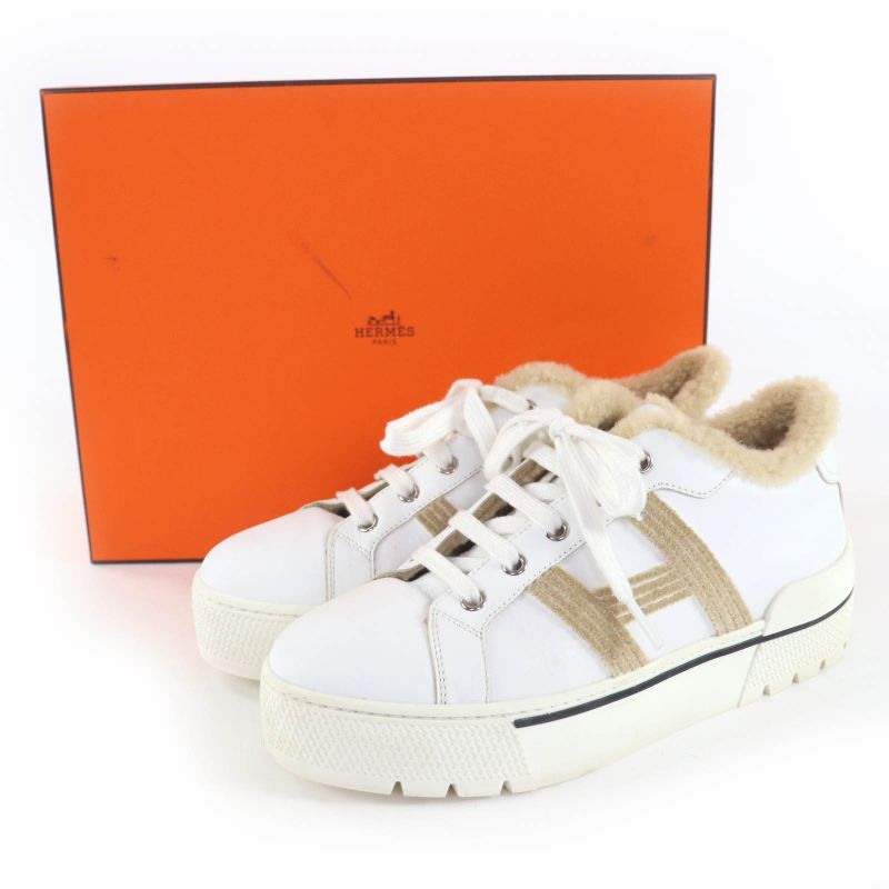 Hermes Dare H Logo Design Mouton Leather Low Cut Sneakers White Beige 38 with
