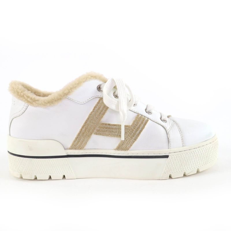 Hermes Dare H Logo Design Mouton Leather Low Cut Sneakers White Beige 38 with