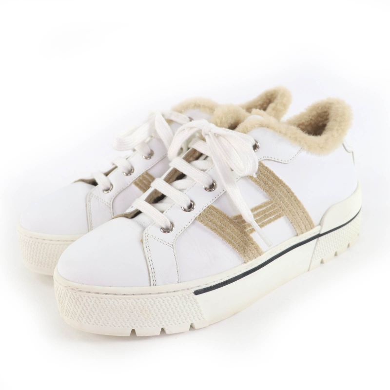 Hermes Dare H Logo Design Mouton Leather Low Cut Sneakers White Beige 38 with