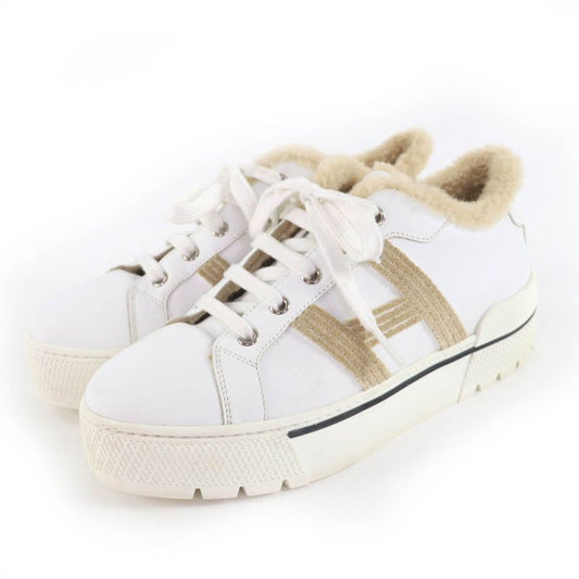 Hermes Dare H Logo Design Mouton Leather Low Cut Sneakers White Beige 38 with