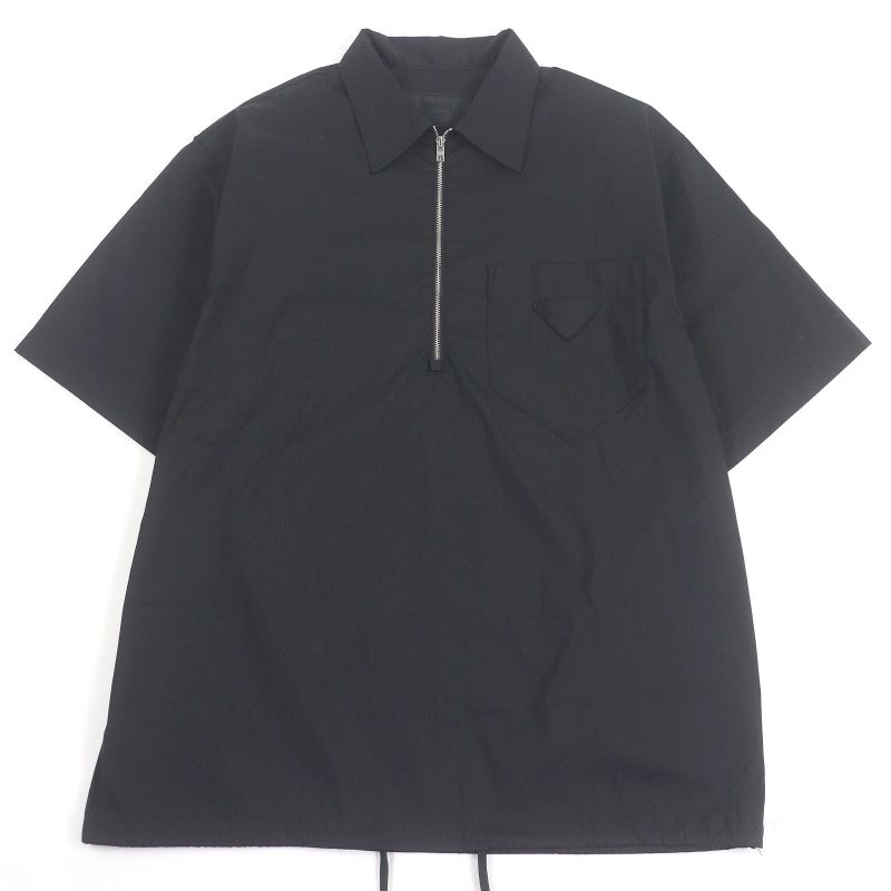 Prada 24ss Sc763 Half Zip Triangle Motif Cotton Blend Short Sleeve Shirt Black