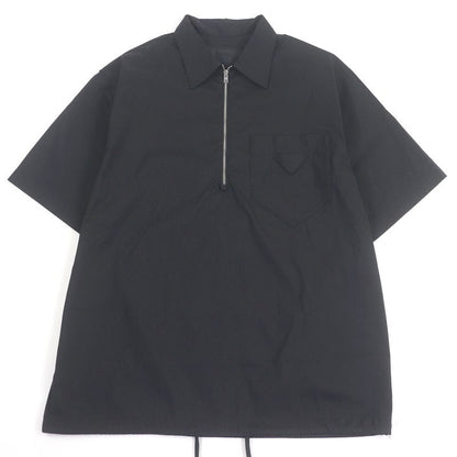 Prada 24ss Sc763 Half Zip Triangle Motif Cotton Blend Short Sleeve Shirt Black