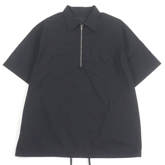 Prada 24ss Sc763 Half Zip Triangle Motif Cotton Blend Short Sleeve Shirt Black