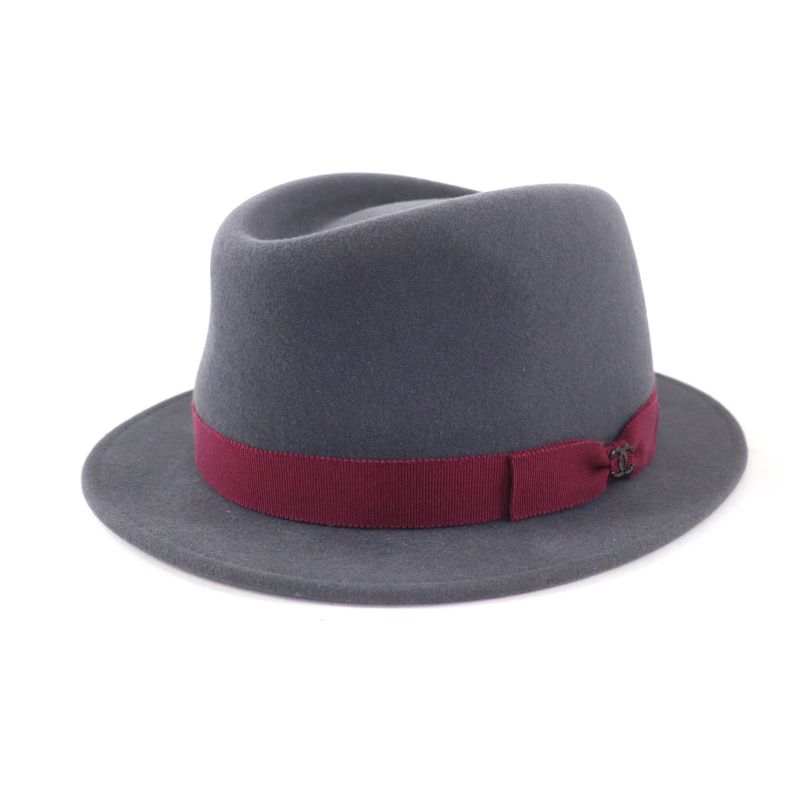 Chanel Rabbit Felt Hat with Coco Mark Plate Gray Bordeaux M Made in France
