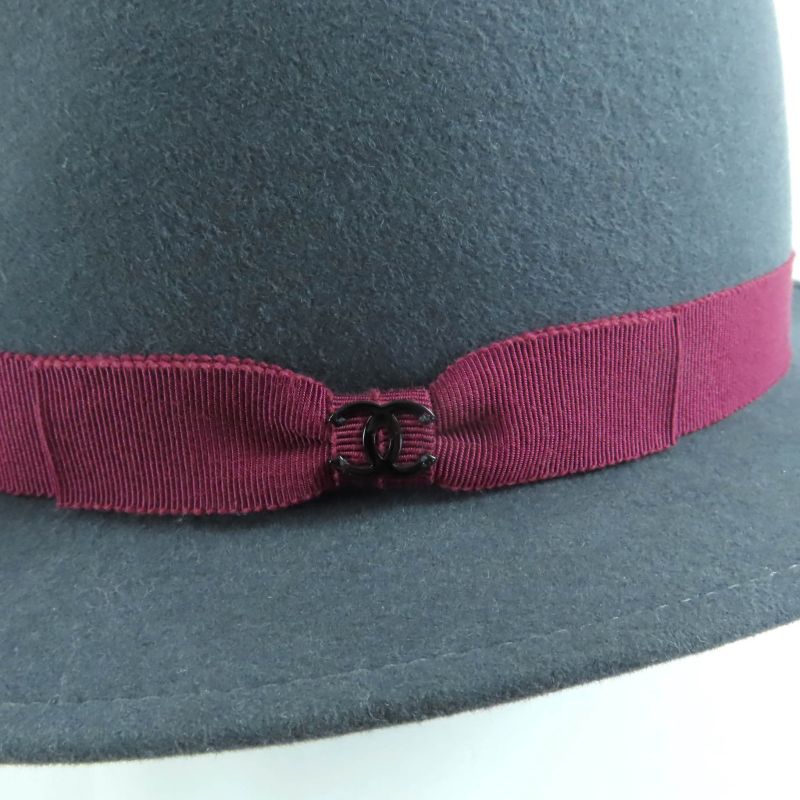 Chanel Rabbit Felt Hat with Coco Mark Plate Gray Bordeaux M Made in France