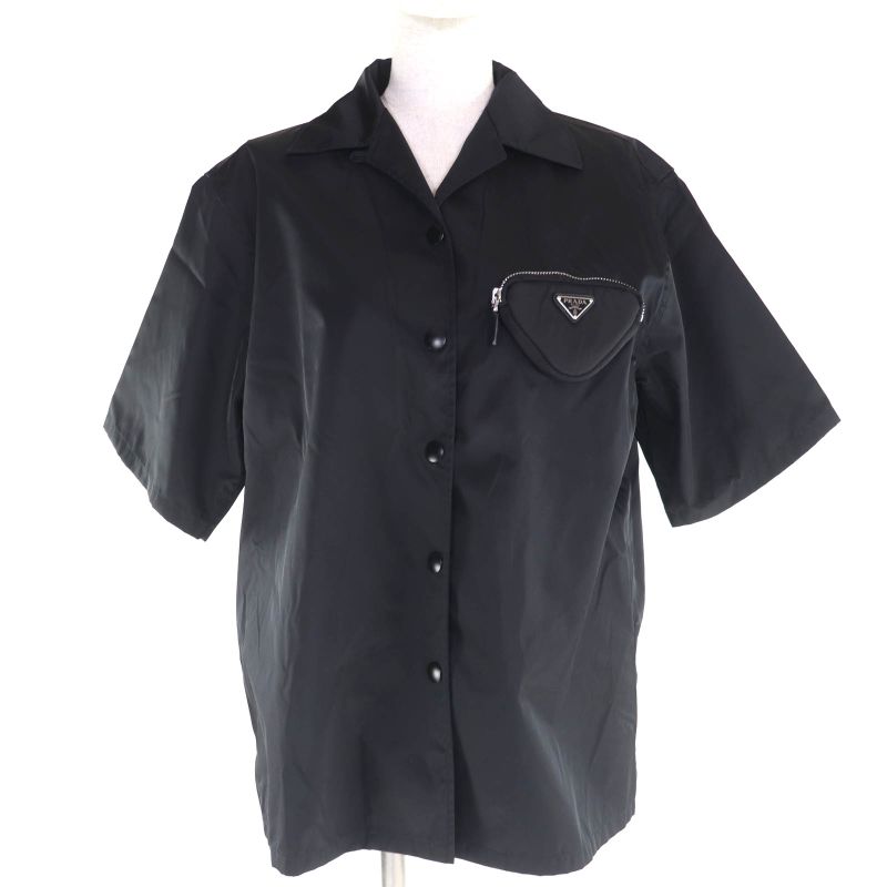 Prada 24x702 Renylon Triangle Logo Plate Short Sleeve Shirt with Pouch Black