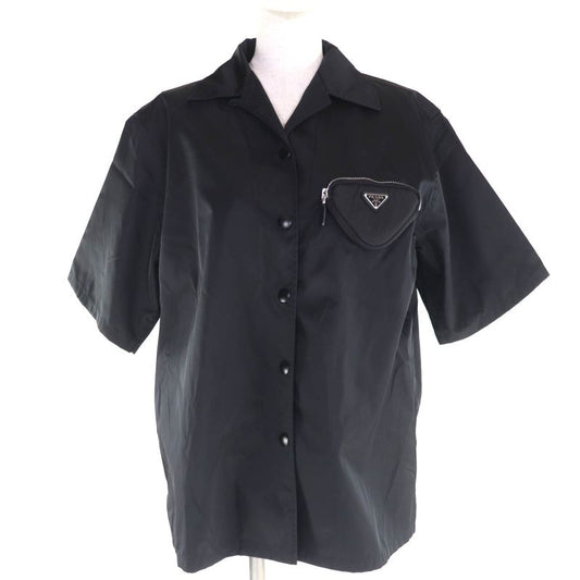Prada 24x702 Renylon Triangle Logo Plate Short Sleeve Shirt with Pouch Black