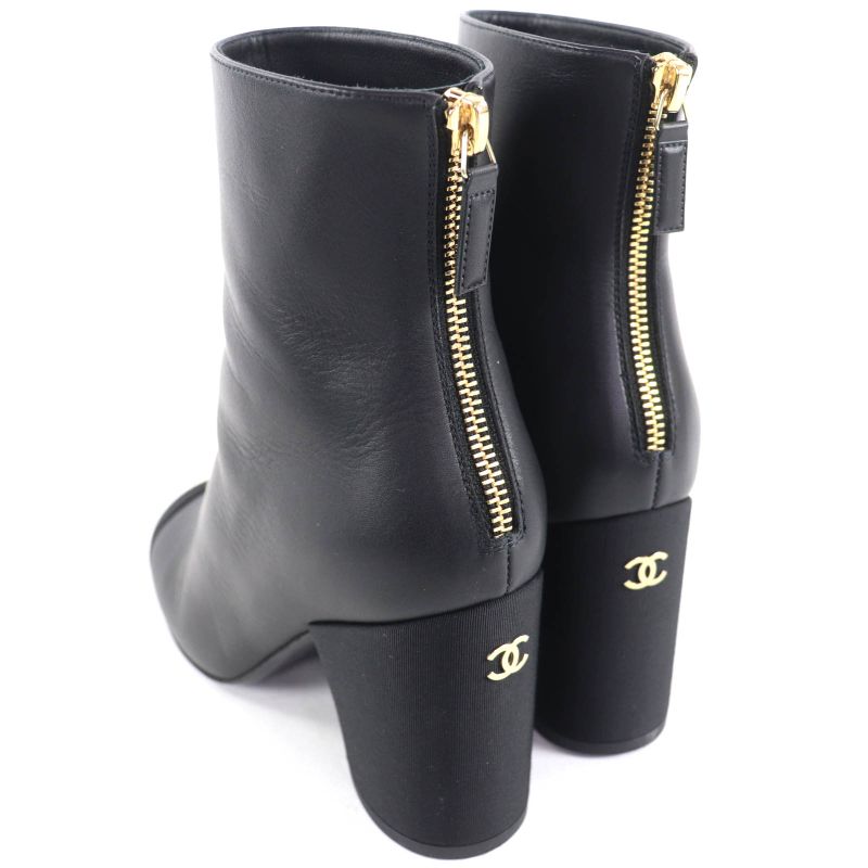 Chanel 22k G39529 Coco Mark Leather Ankle Boots with Gold Hardware Black 36