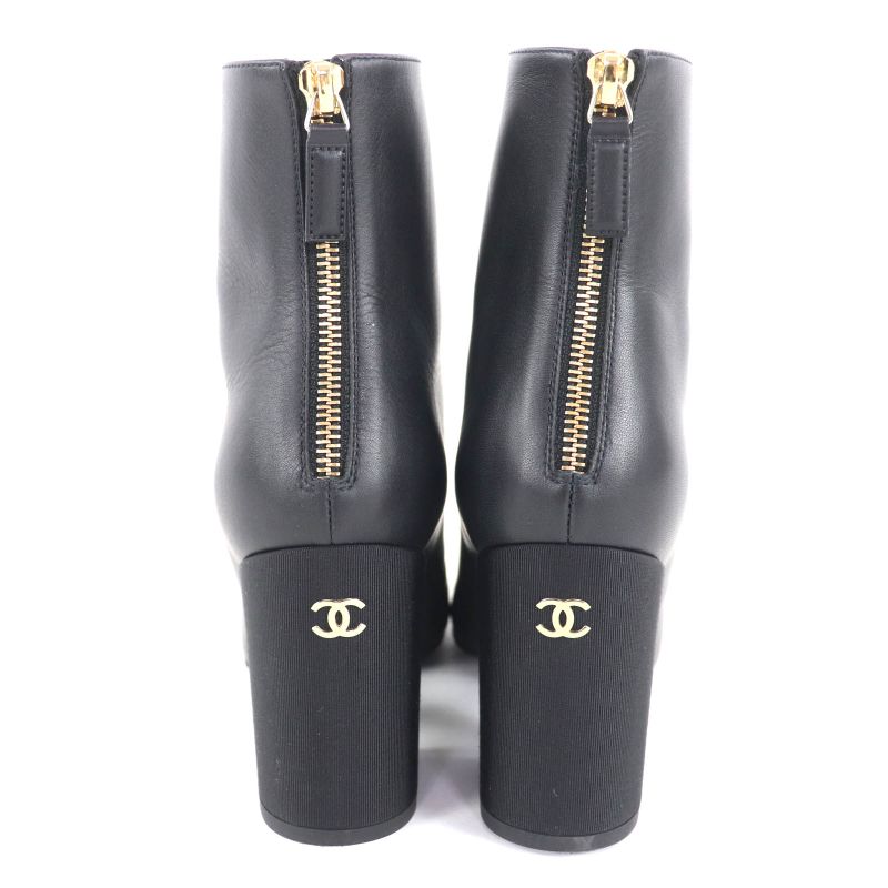 Chanel 22k G39529 Coco Mark Leather Ankle Boots with Gold Hardware Black 36