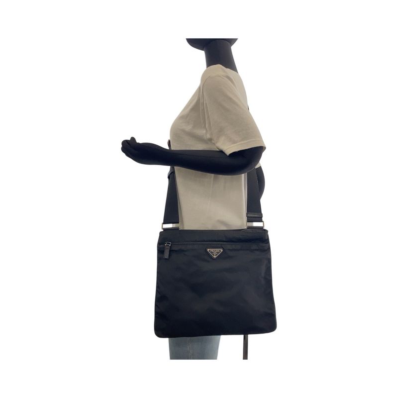 Prada Tessuto Triangle Logo Plate Black Silver Hardware Nylon Shoulder Bag