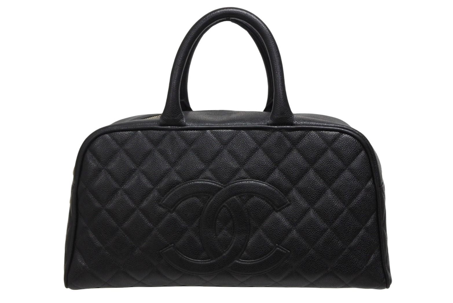 Chanel Handbag Mini Boston Caviar Leather CC Logo Black Gold