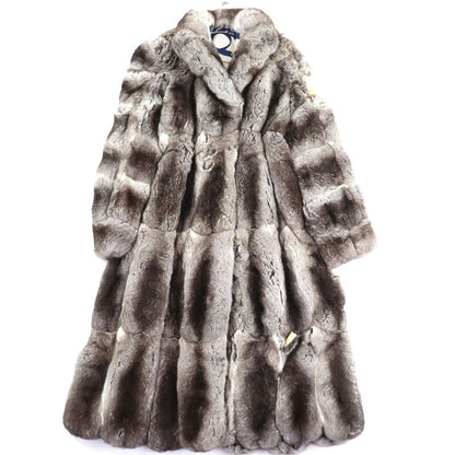 Chinchilla Lined Hermes Genuine Fur Super Long Coat Gray M Size