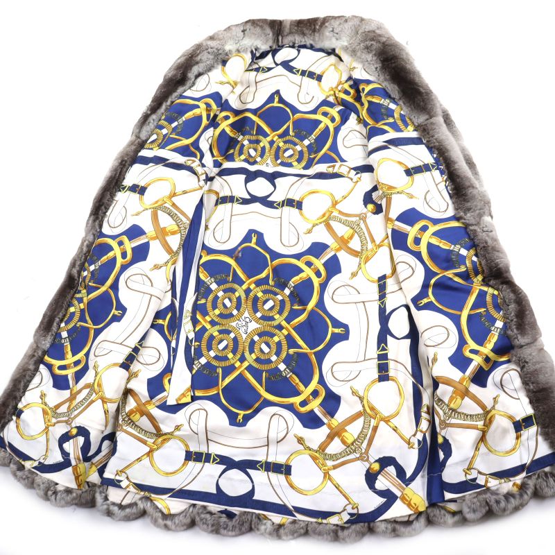 Chinchilla Lined Hermes Genuine Fur Super Long Coat Gray M Size