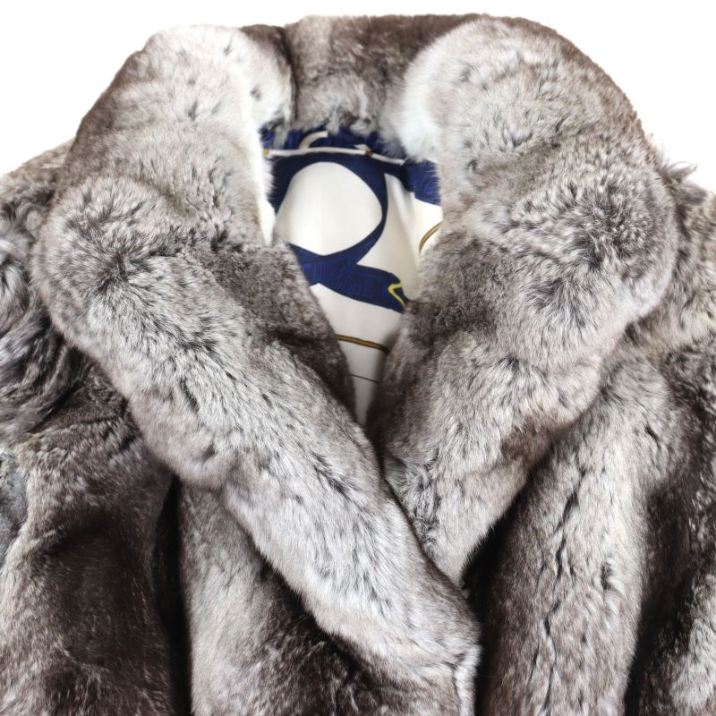 Chinchilla Lined Hermes Genuine Fur Super Long Coat Gray M Size