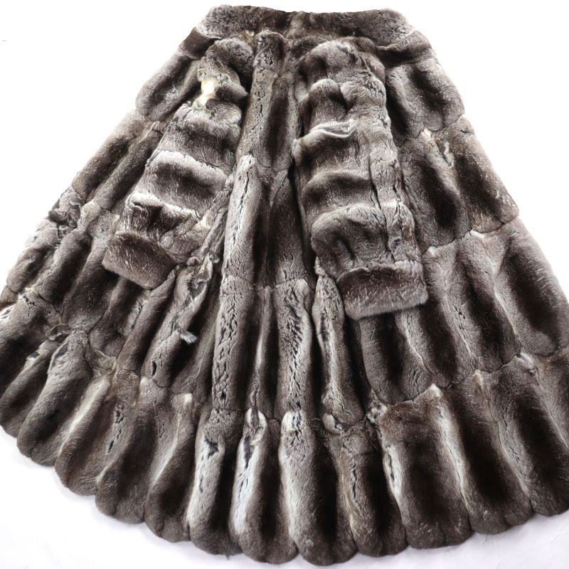 Chinchilla Lined Hermes Genuine Fur Super Long Coat Gray M Size