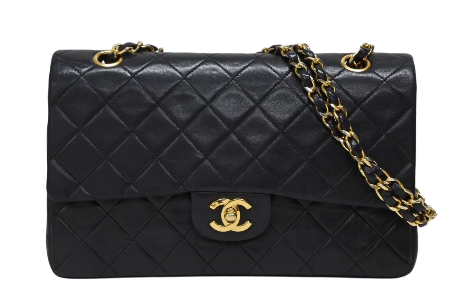 Chanel Quilted 25 Double Flap Chain Shoulder Bag CC Logo Lambskin Gold