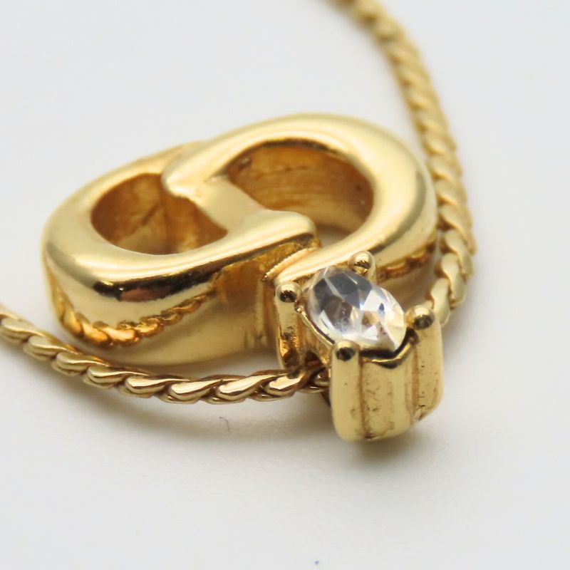 Christian Dior Necklace Metal Rhinestone Gold CD Logo Plated Accessories Ladies