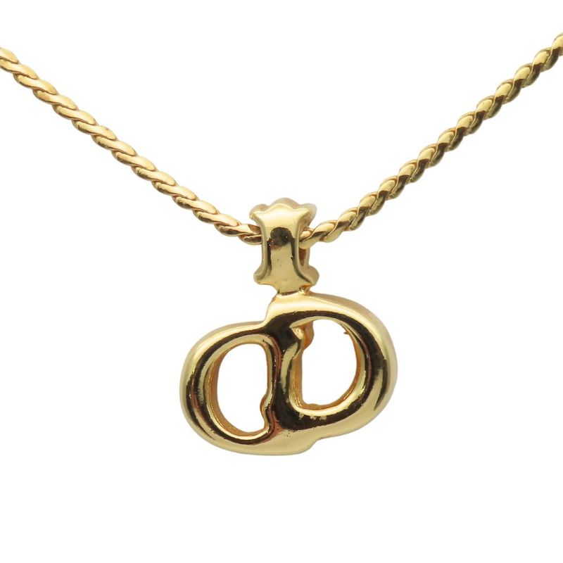 Christian Dior Necklace Metal Rhinestone Gold CD Logo Plated Accessories Ladies