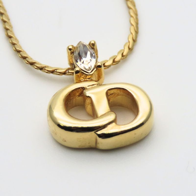 Christian Dior Necklace Metal Rhinestone Gold CD Logo Plated Accessories Ladies