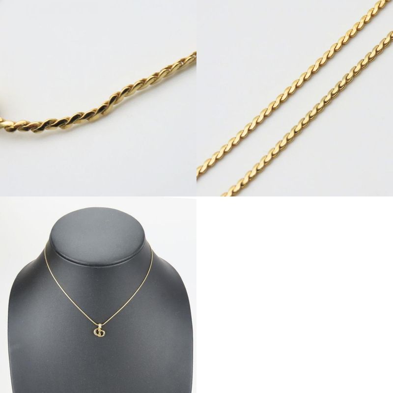 Christian Dior Necklace Metal Rhinestone Gold CD Logo Plated Accessories Ladies