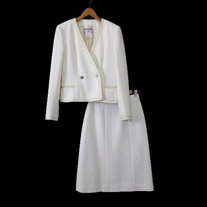 Chanel 00T Skirt Suit Top And Bottom Setup Tweed Coco Mark Metal Button Beaded